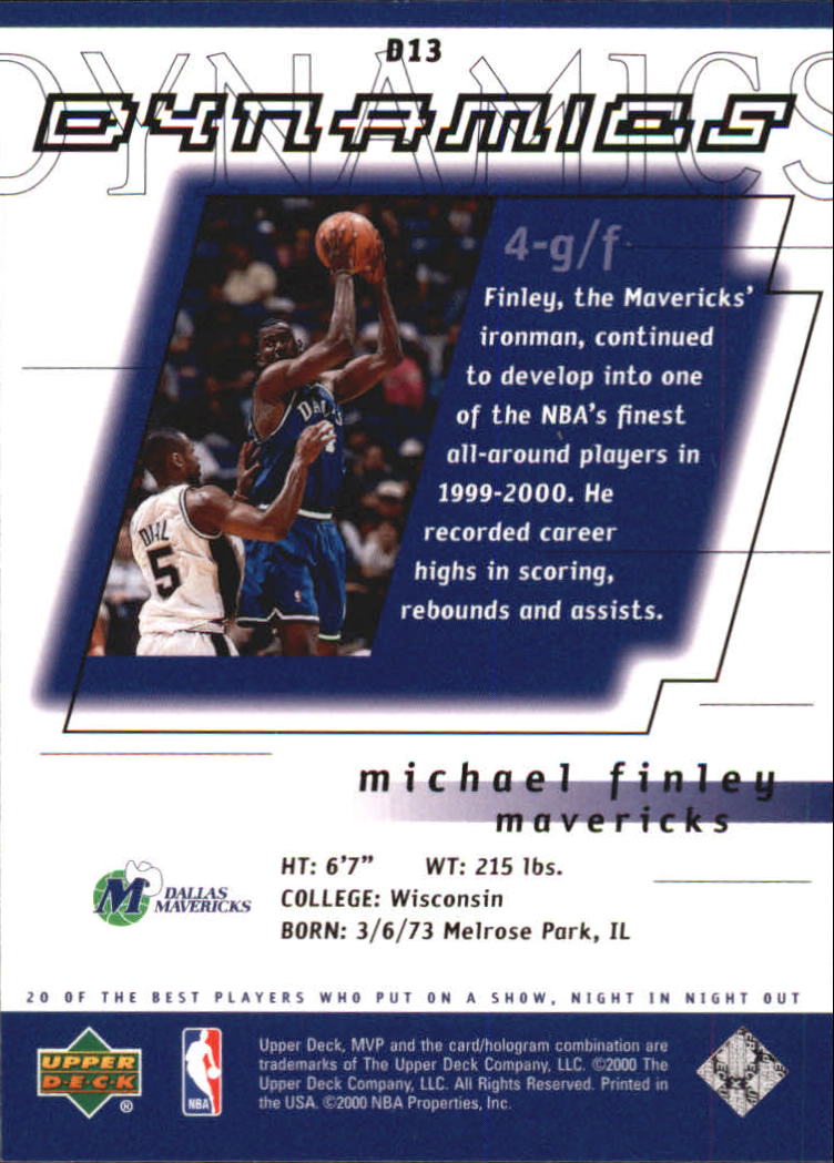 2000-01 Upper Deck MVP Dynamics #D13 Michael Finley back image