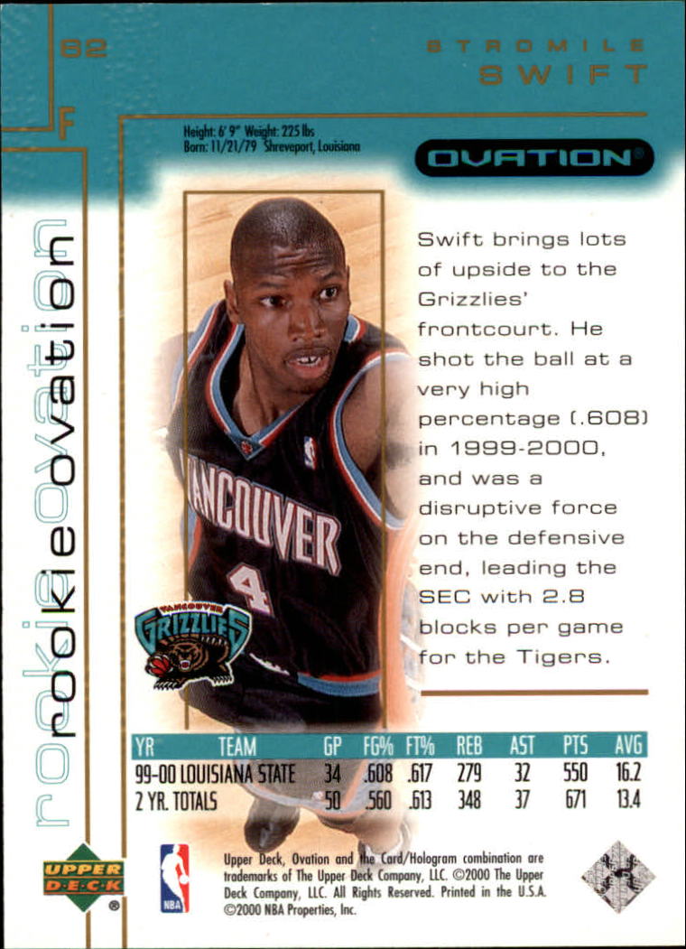 2000-01 Upper Deck Ovation #62 Stromile Swift RC back image