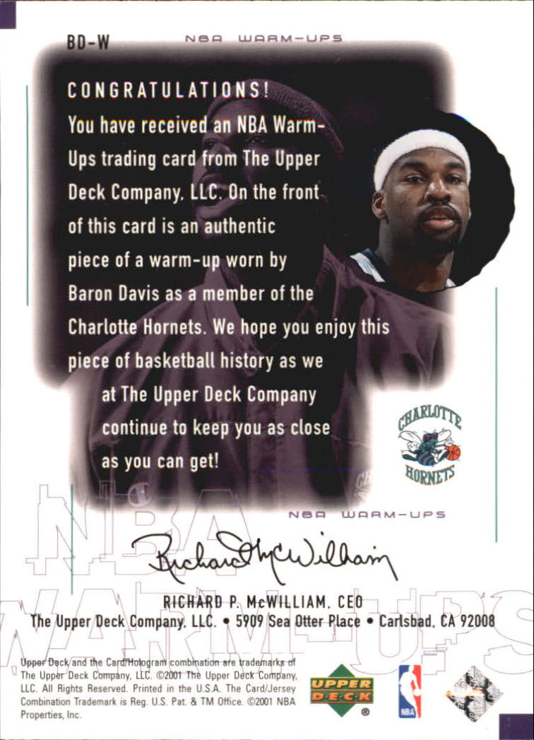 2000-01 Upper Deck Encore NBA Warm-Ups #BDW Baron Davis back image