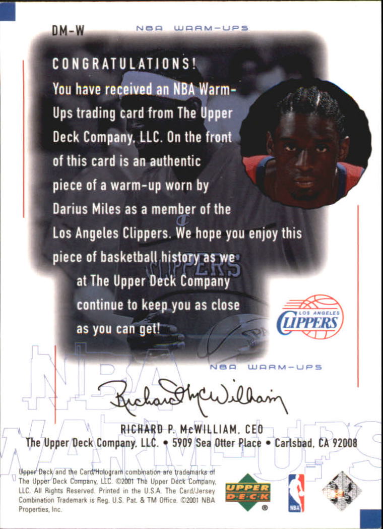 2000-01 Upper Deck Encore NBA Warm-Ups #DMW Darius Miles back image