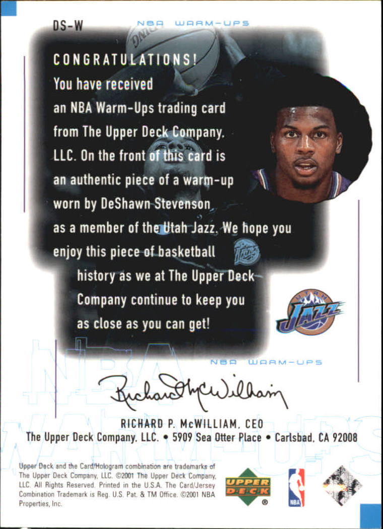 2000-01 Upper Deck Encore NBA Warm-Ups #DSW DeShawn Stevenson back image