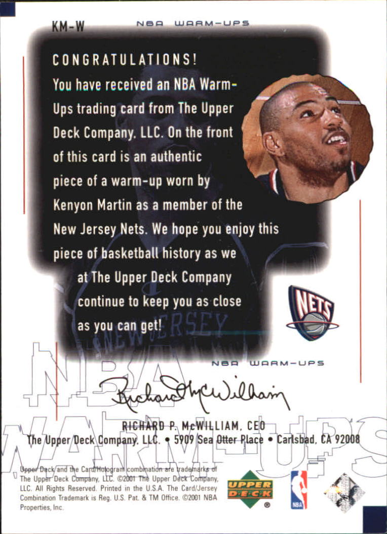 2000-01 Upper Deck Encore NBA Warm-Ups #KMW Kenyon Martin back image