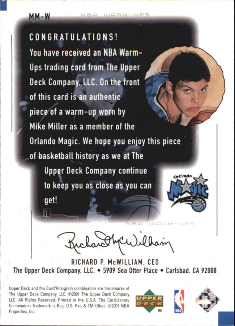2000-01 Upper Deck Encore NBA Warm-Ups #MMW Mike Miller back image