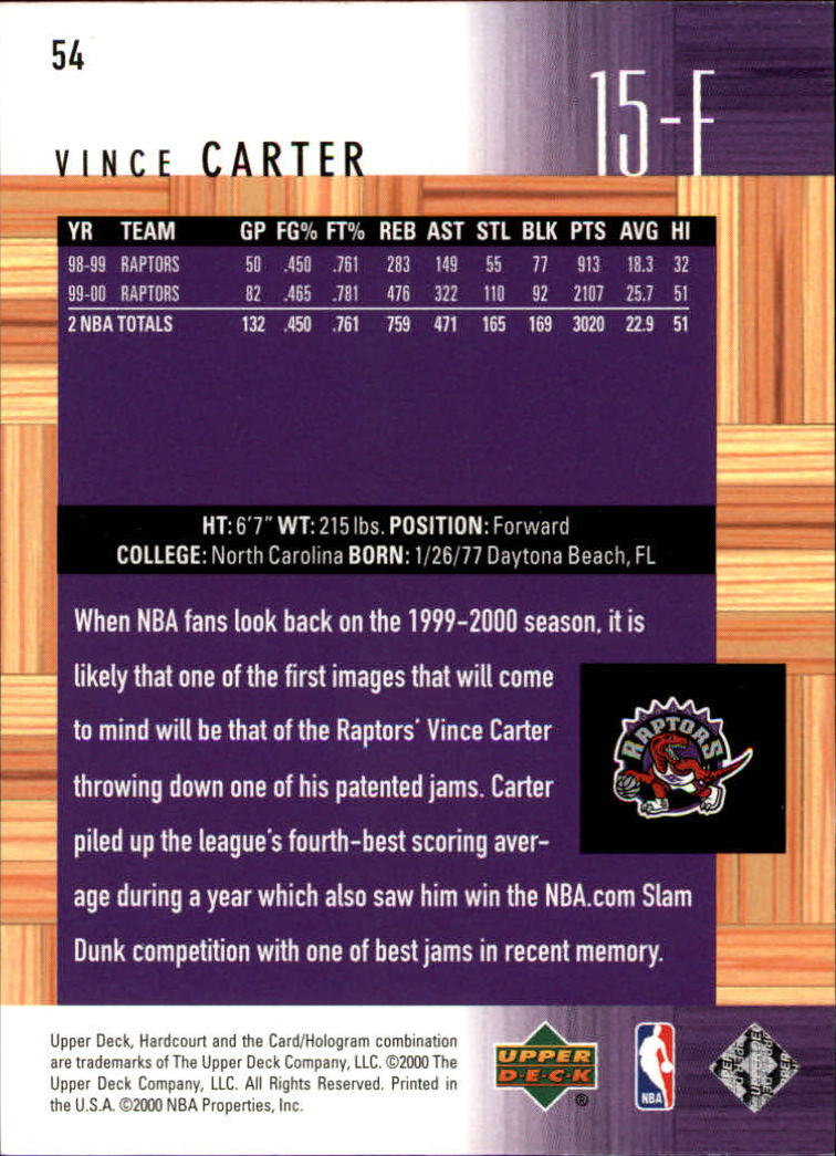 2000-01 Upper Deck Hardcourt #54 Vince Carter back image