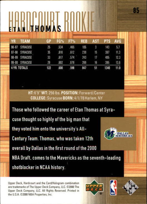 2000-01 Upper Deck Hardcourt #85 Etan Thomas RC back image