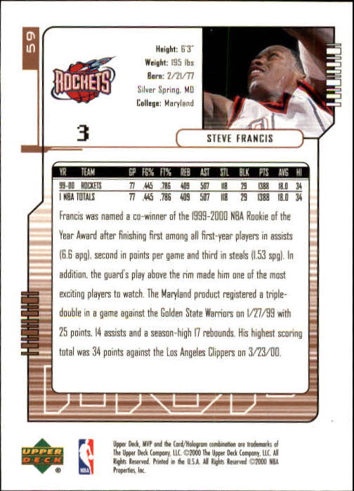 2000-01 Upper Deck MVP #59 Steve Francis back image