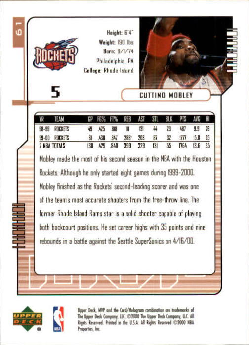 2000-01 Upper Deck MVP #61 Cuttino Mobley back image