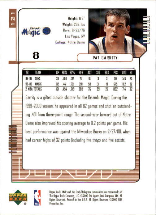 2000-01 Upper Deck MVP #121 Pat Garrity back image