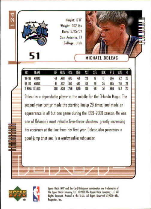 2000-01 Upper Deck MVP #124 Michael Doleac back image