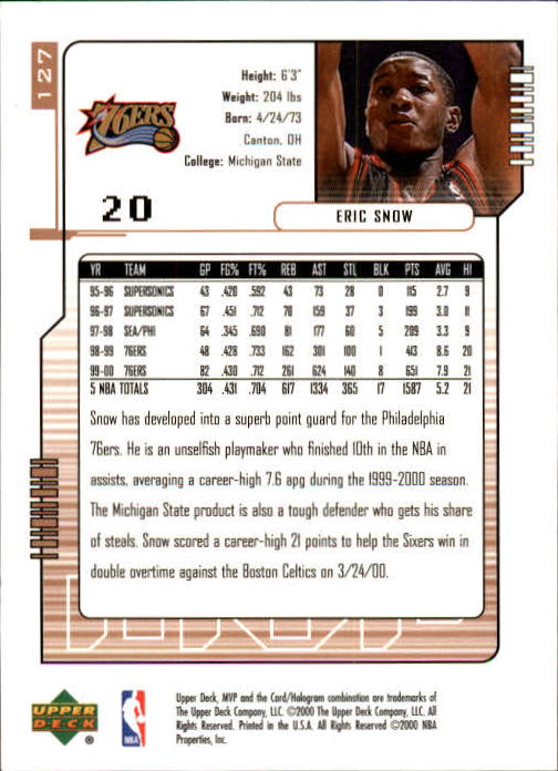 2000-01 Upper Deck MVP #127 Eric Snow back image