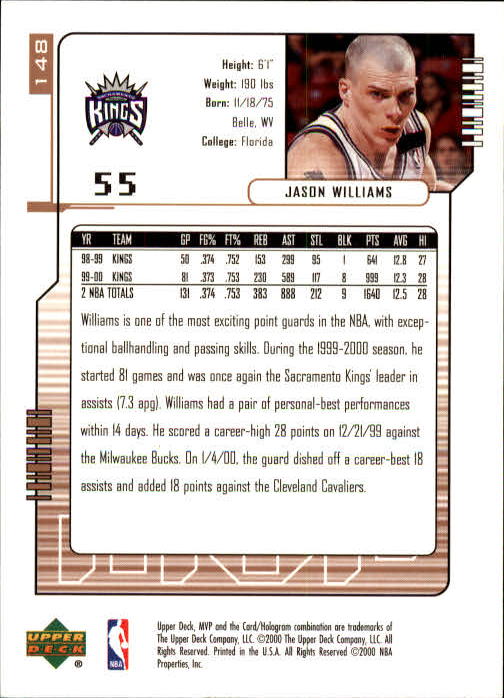 2000-01 Upper Deck MVP #148 Jason Williams back image