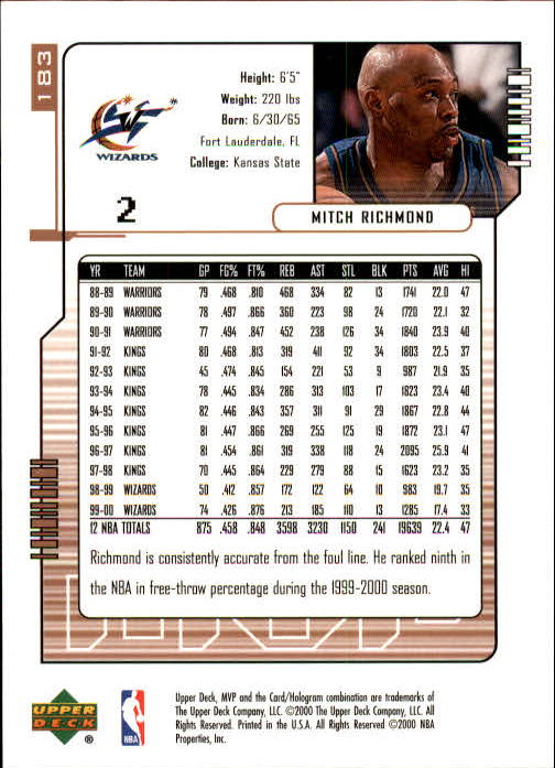 2000-01 Upper Deck MVP #183 Mitch Richmond back image