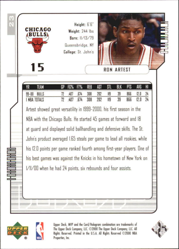 2000-01 Upper Deck MVP Silver Script #23 Ron Artest back image