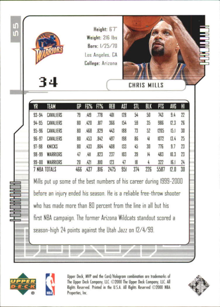 2000-01 Upper Deck MVP Silver Script #55 Chris Mills back image