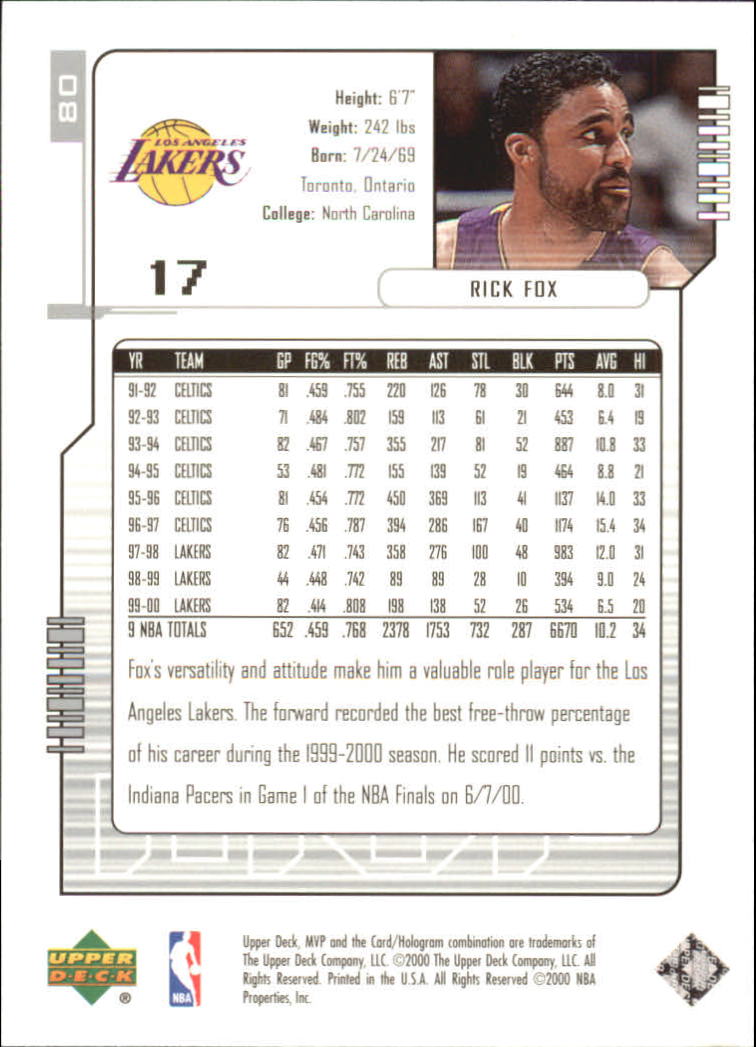 2000-01 Upper Deck MVP Silver Script #80 Rick Fox back image
