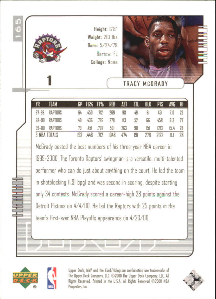 2000-01 Upper Deck MVP Silver Script #165 Tracy McGrady back image