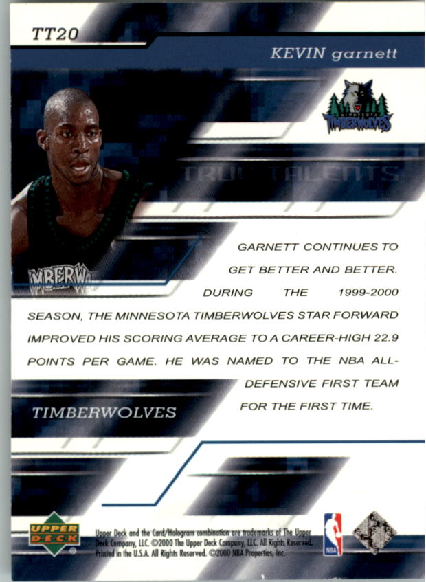 2000-01 Upper Deck True Talents #TT20 Kevin Garnett back image