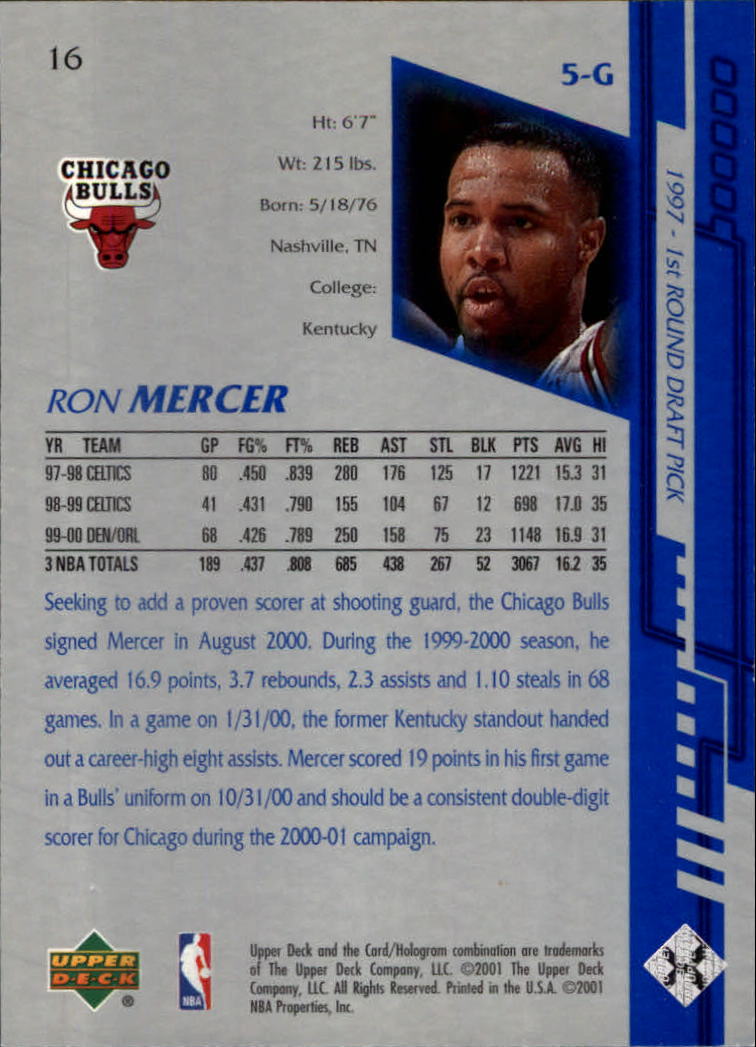 2000-01 Upper Deck Encore #16 Ron Mercer back image