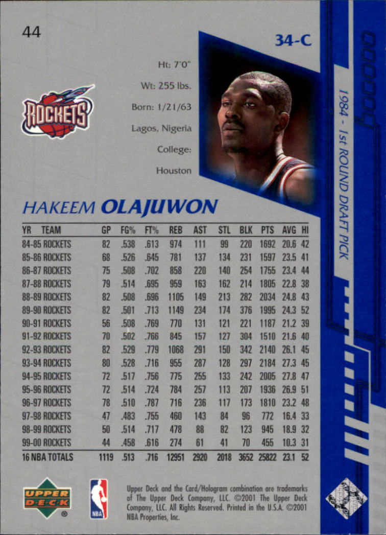 2000-01 Upper Deck Encore #44 Hakeem Olajuwon back image