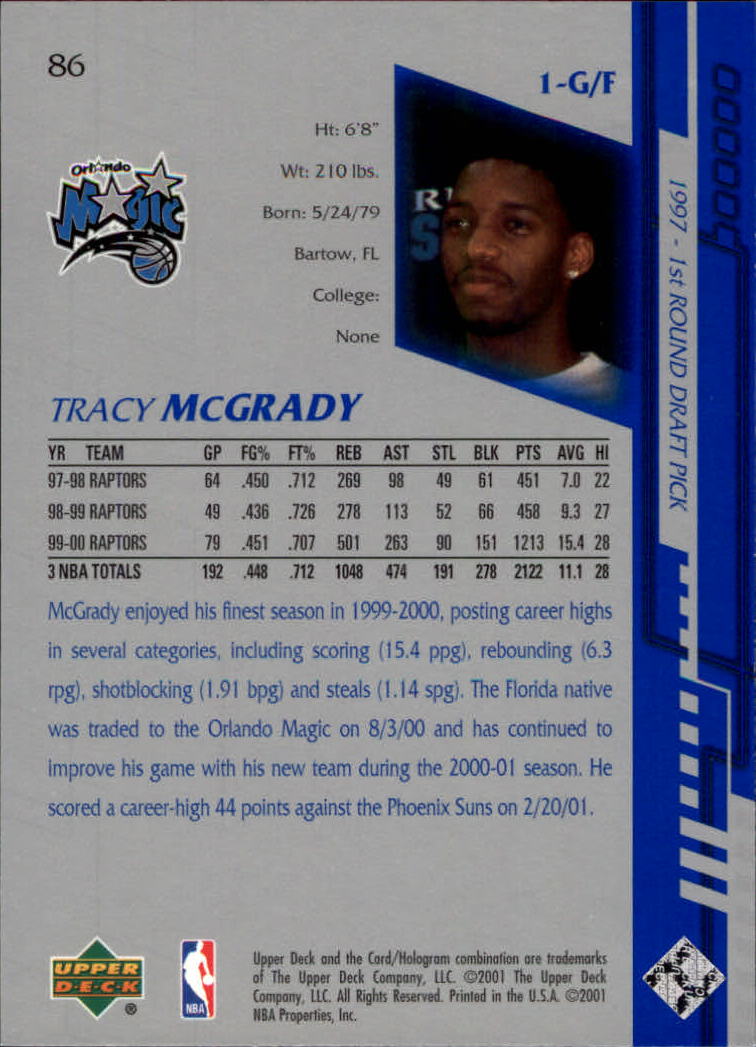 2000-01 Upper Deck Encore #86 Tracy McGrady back image