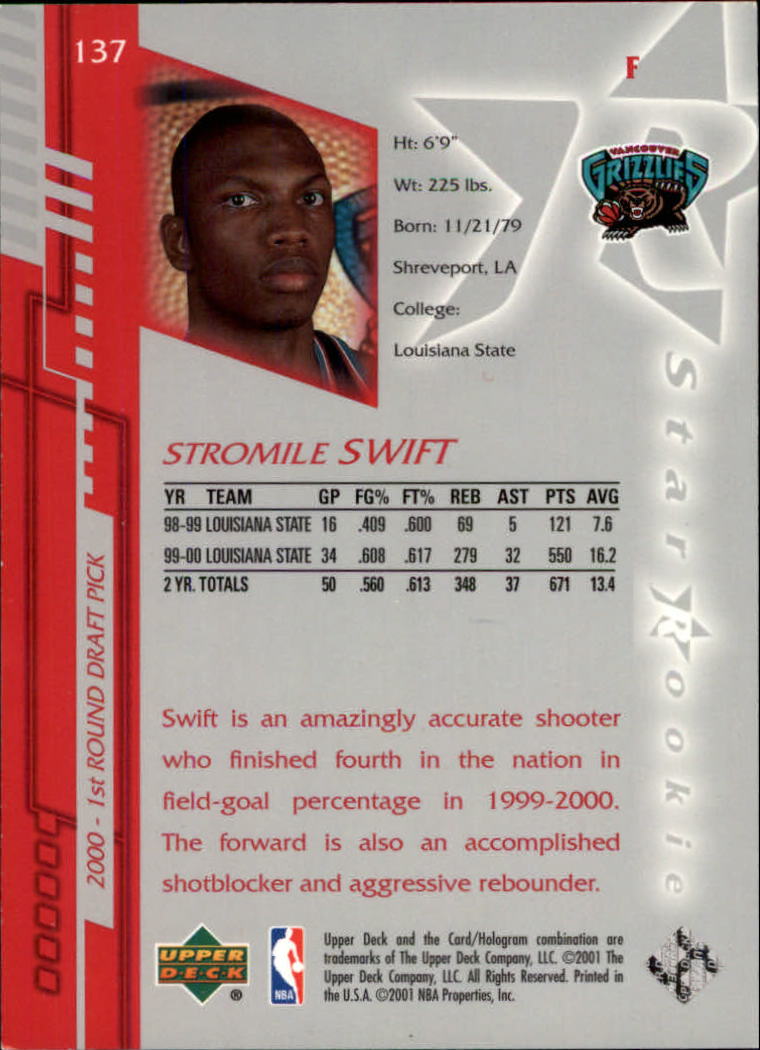 2000-01 Upper Deck Encore #137 Stromile Swift RC back image