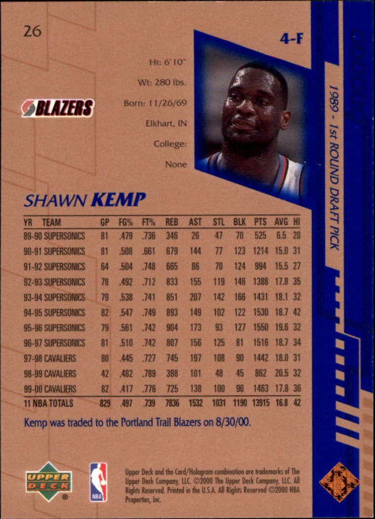 2000-01 Upper Deck #26 Shawn Kemp back image