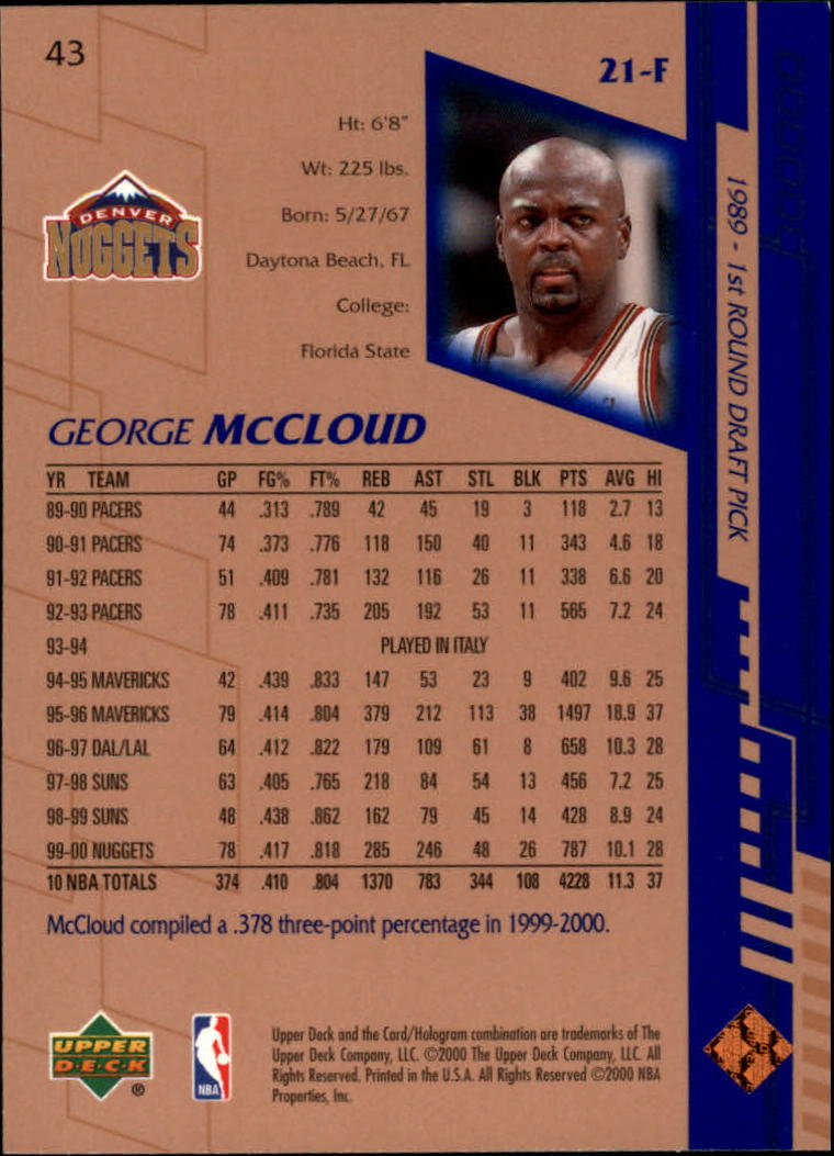 2000-01 Upper Deck #43 George McCloud back image