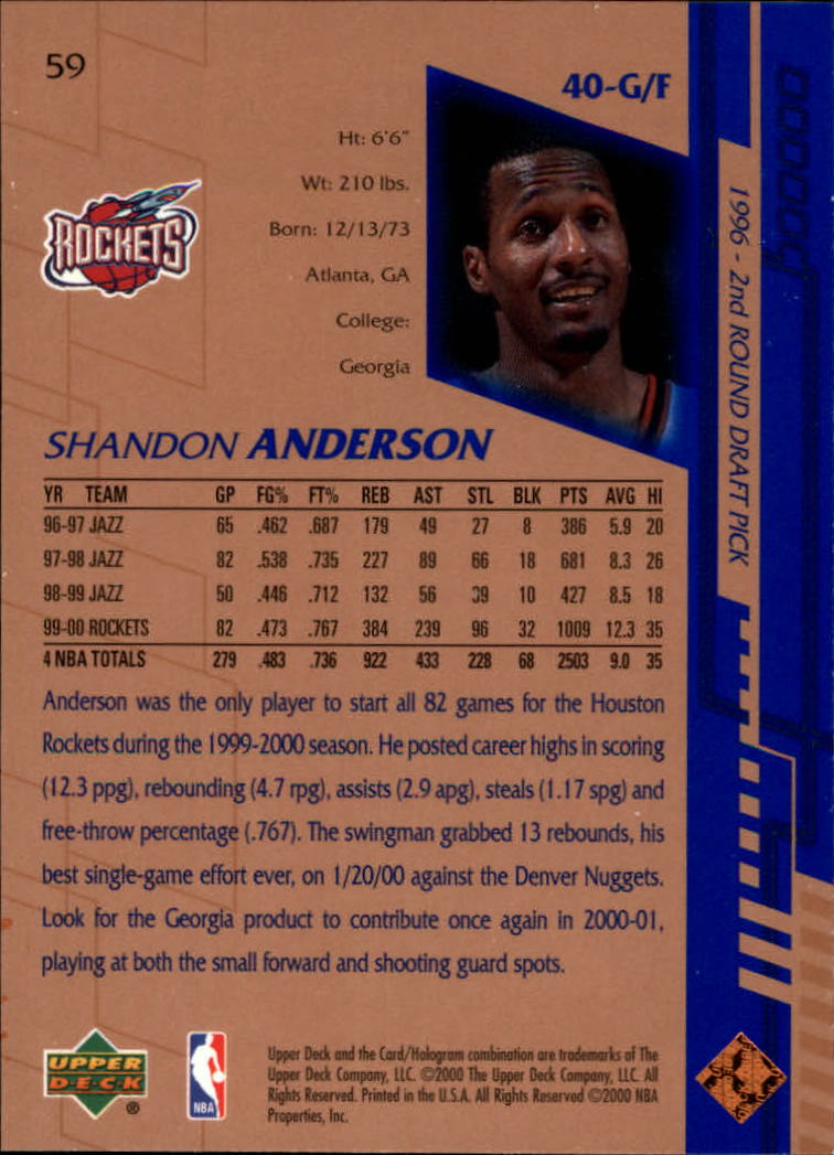 2000-01 Upper Deck #59 Shandon Anderson back image