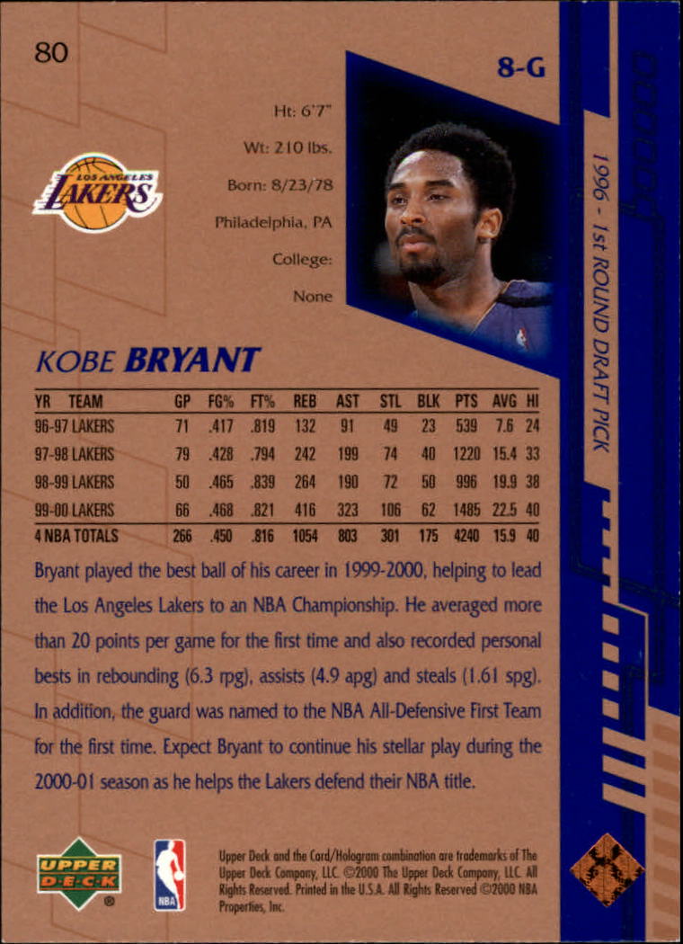 2000-01 Upper Deck #80 Kobe Bryant back image