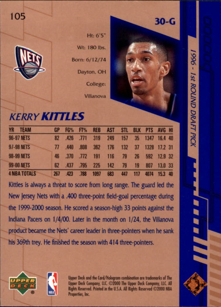 2000-01 Upper Deck #105 Kerry Kittles back image