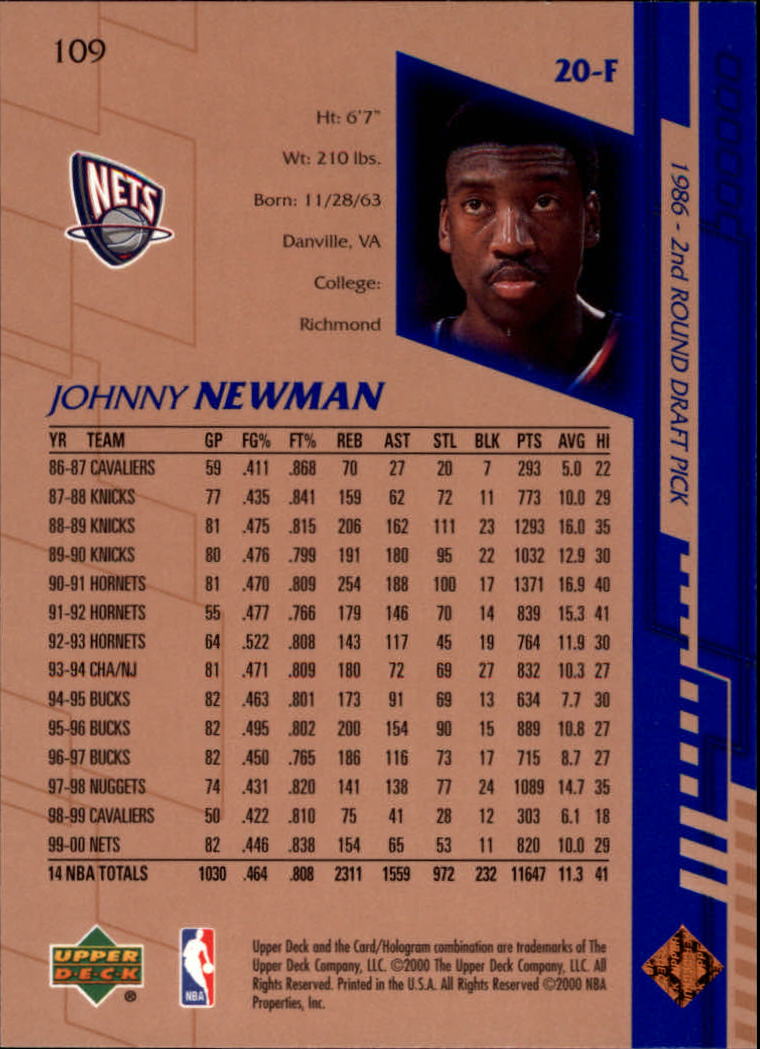 2000-01 Upper Deck #109 Johnny Newman back image