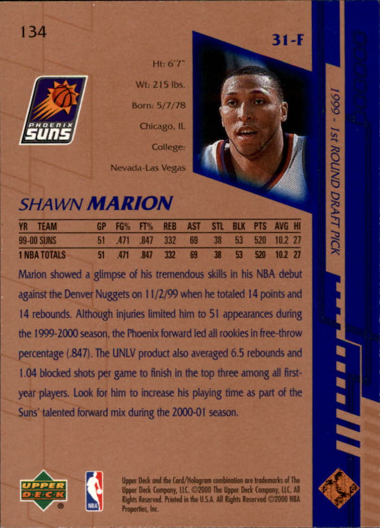 2000-01 Upper Deck #134 Shawn Marion back image