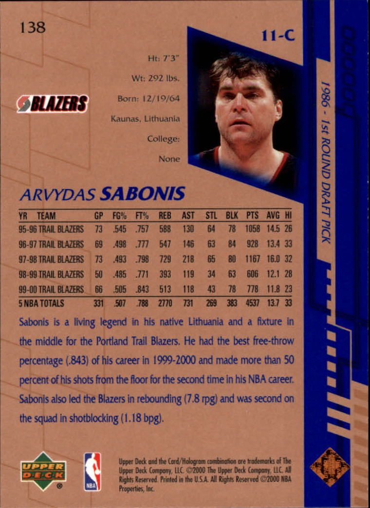 2000-01 Upper Deck #138 Arvydas Sabonis back image