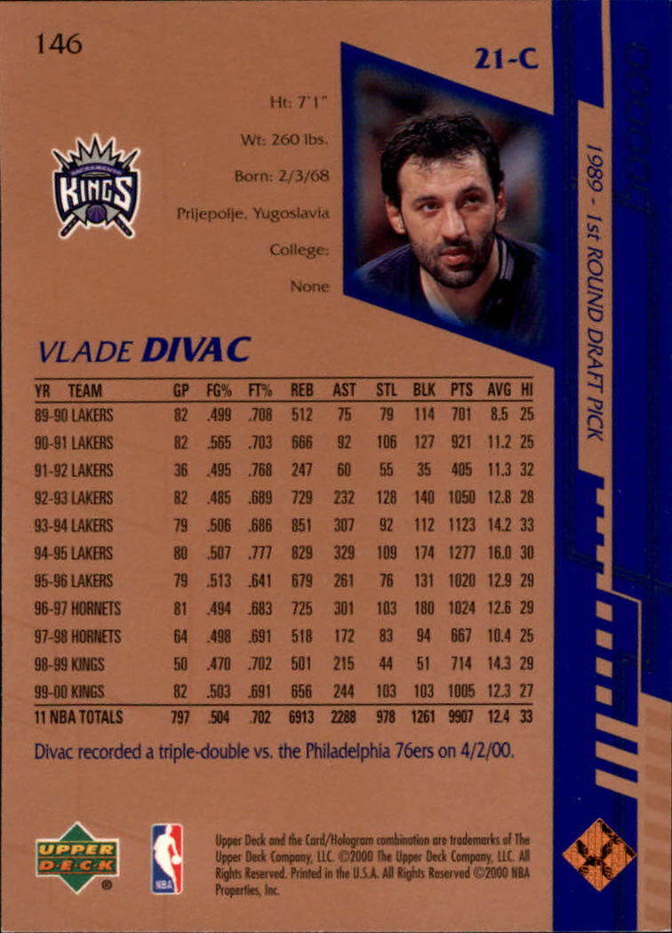 2000-01 Upper Deck #146 Vlade Divac back image