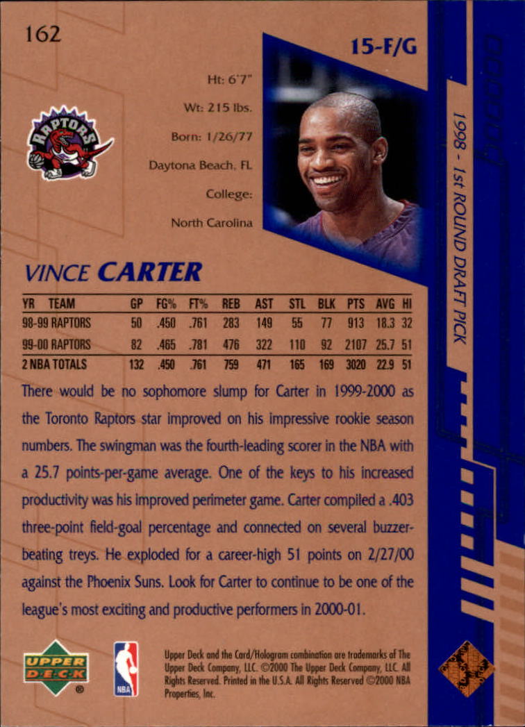 2000-01 Upper Deck #162 Vince Carter back image