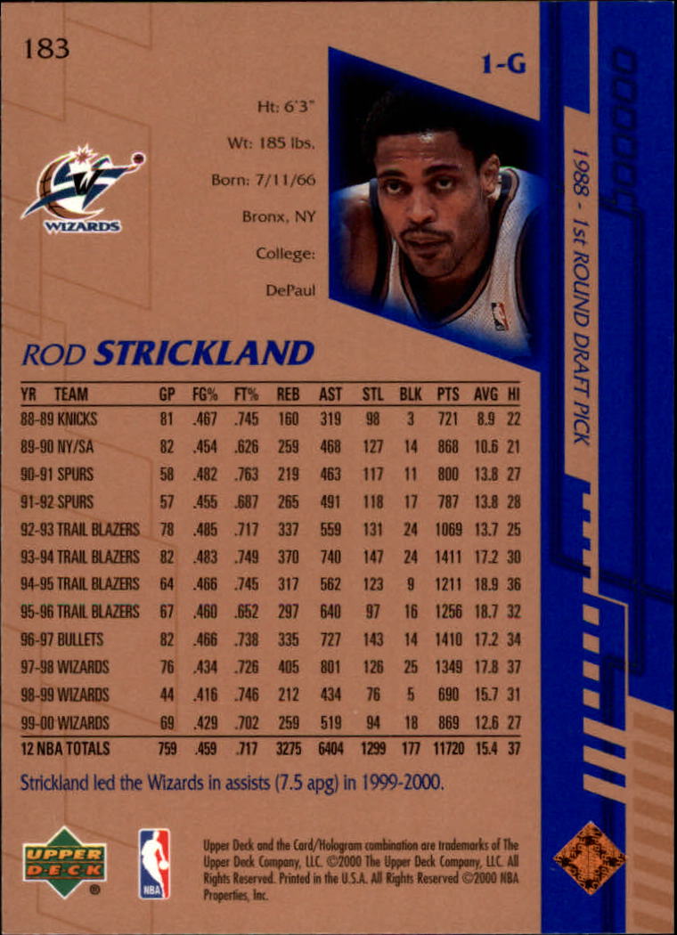 2000-01 Upper Deck #183 Rod Strickland back image