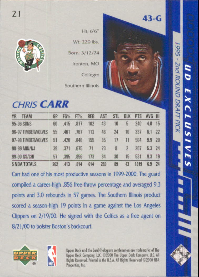 2000-01 Upper Deck Silver #21 Chris Carr back image