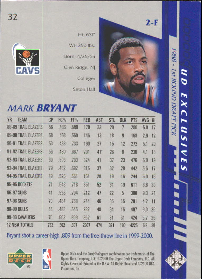 2000-01 Upper Deck Silver #32 Mark Bryant back image