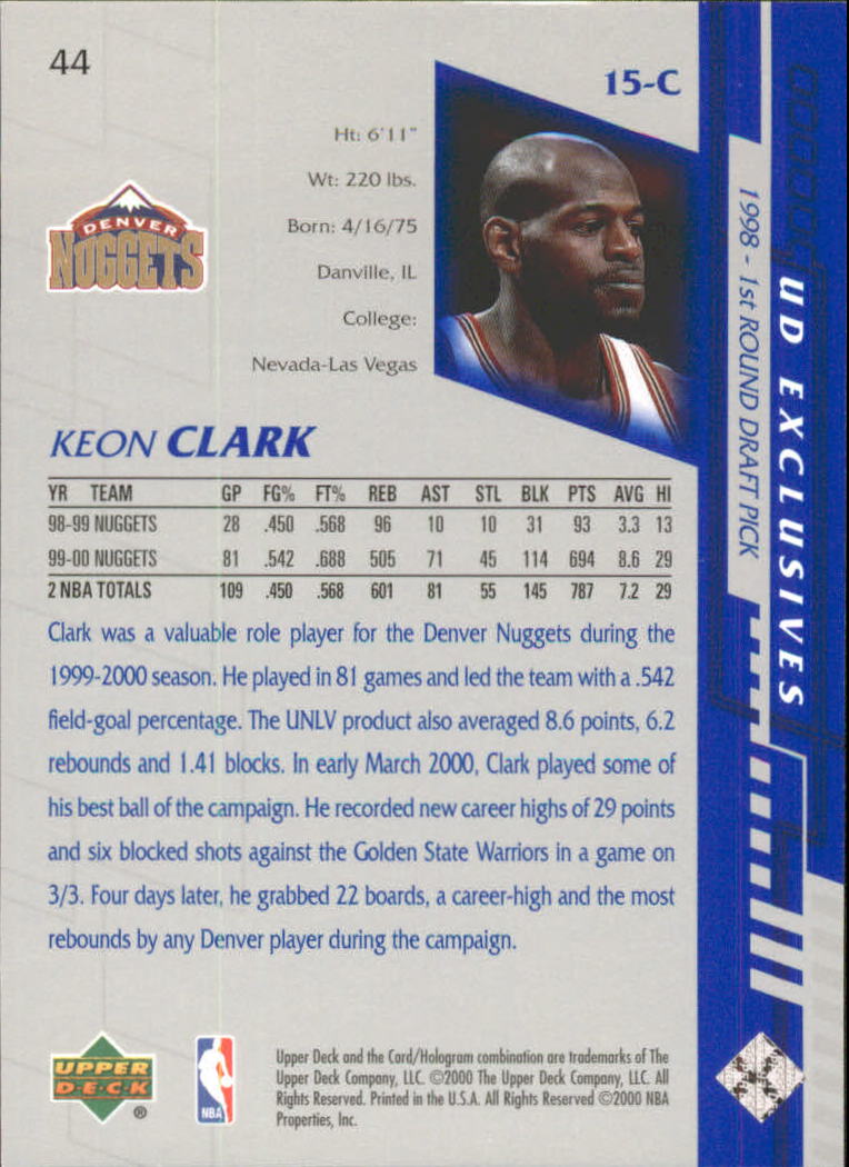 2000-01 Upper Deck Silver #44 Keon Clark back image