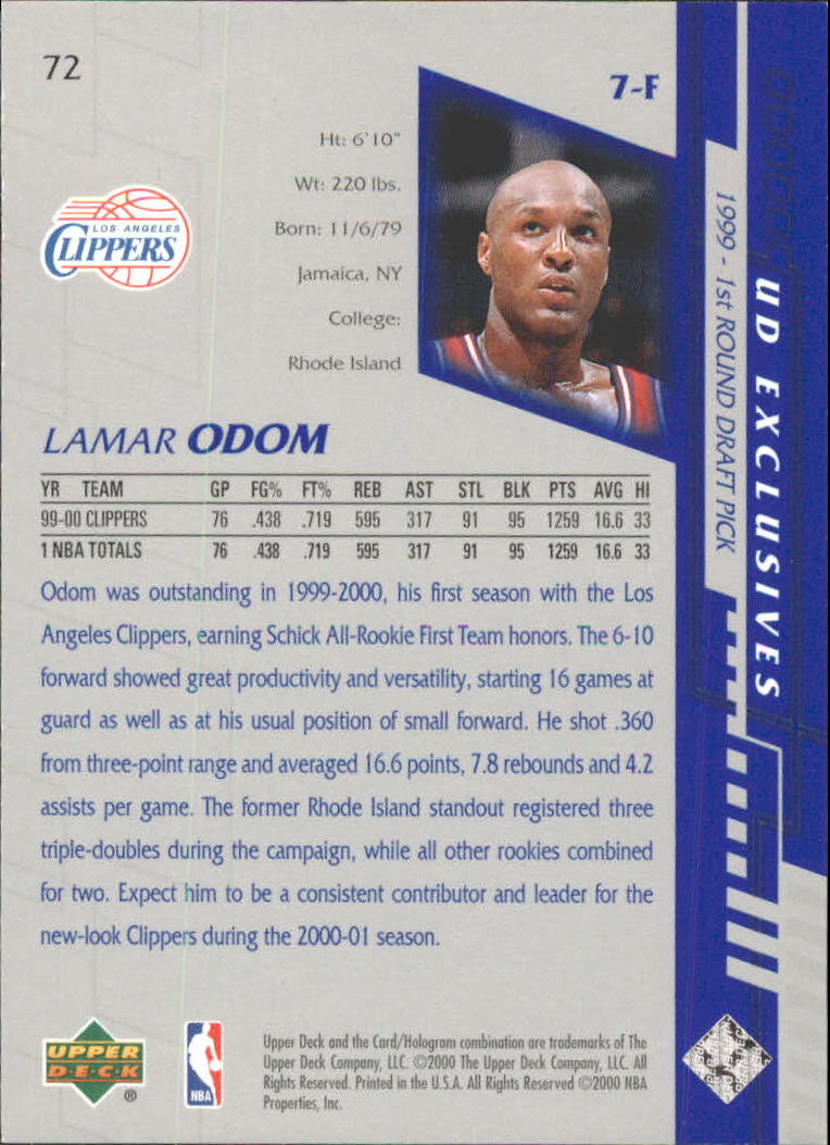 2000-01 Upper Deck Silver #72 Lamar Odom back image
