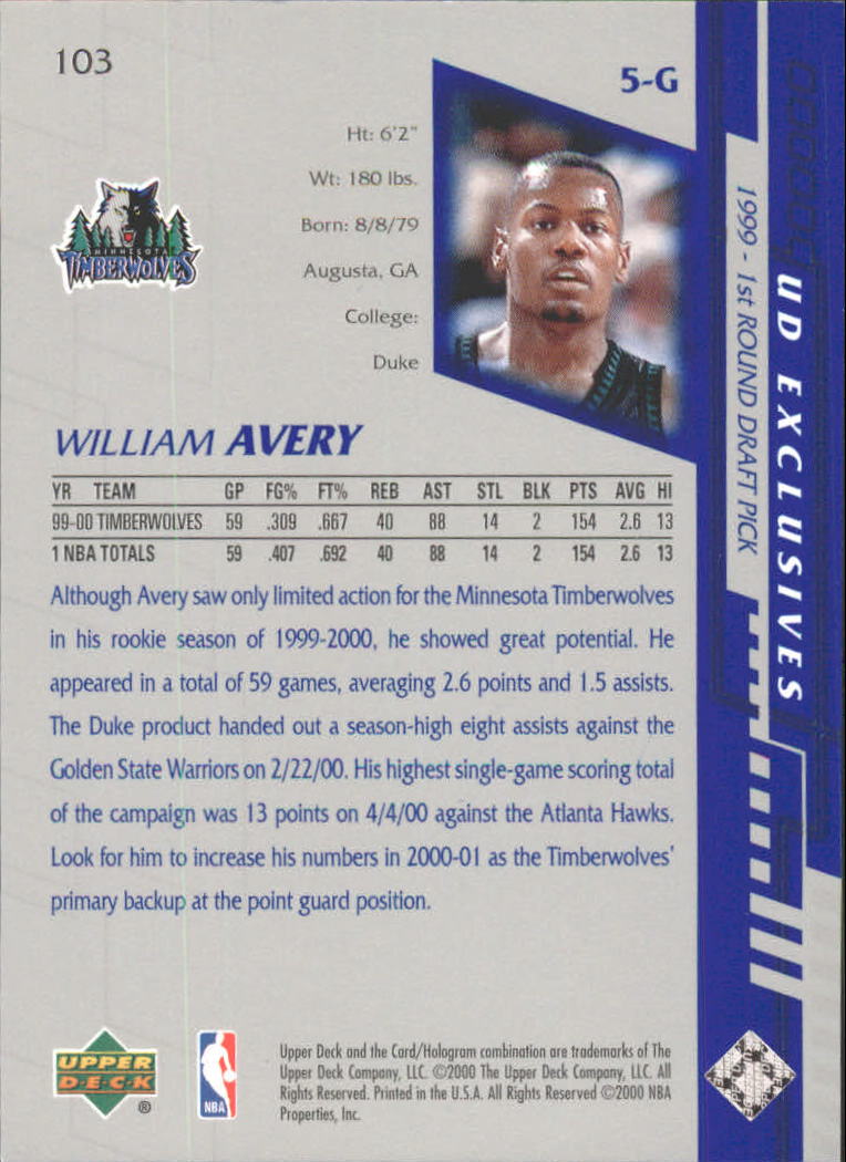 2000-01 Upper Deck Silver #103 William Avery back image