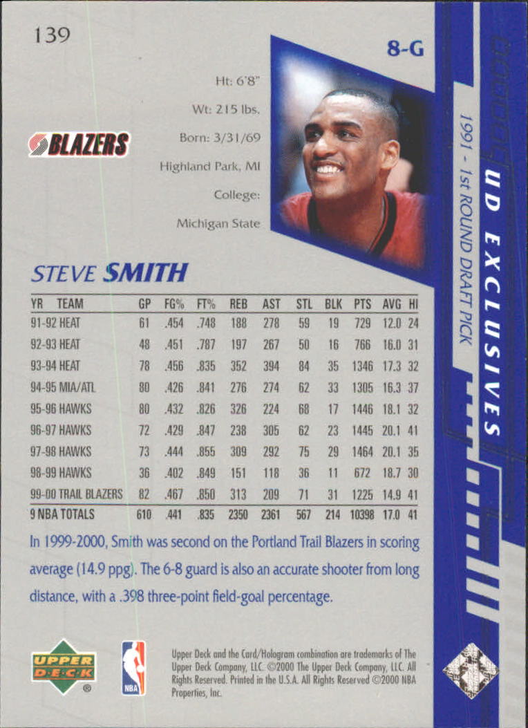 2000-01 Upper Deck Silver #139 Steve Smith back image