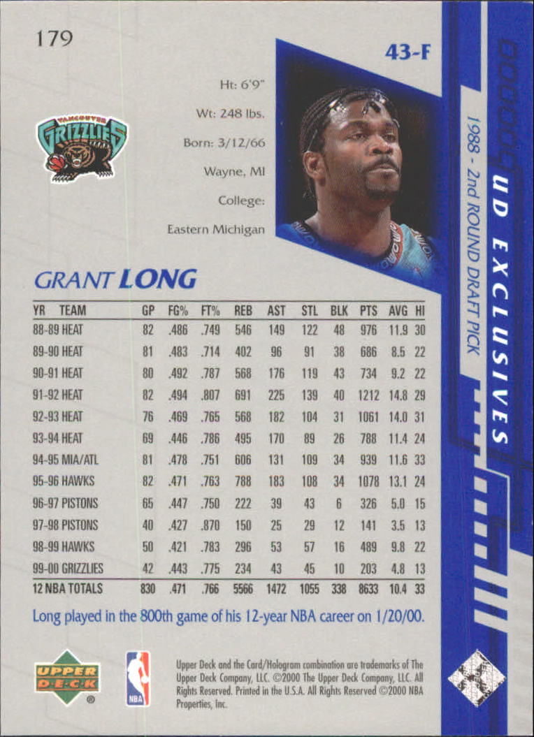 2000-01 Upper Deck Silver #179 Grant Long back image