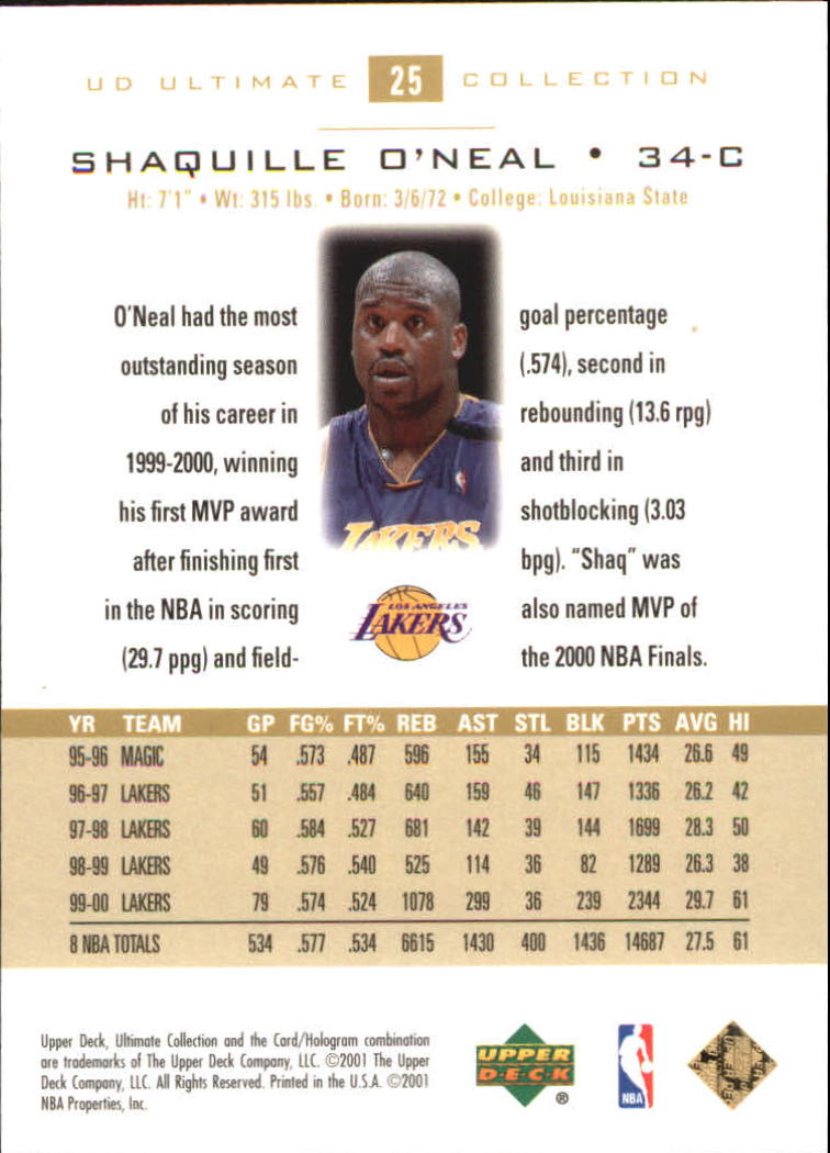 2000-01 Ultimate Collection #25 Shaquille O'Neal back image