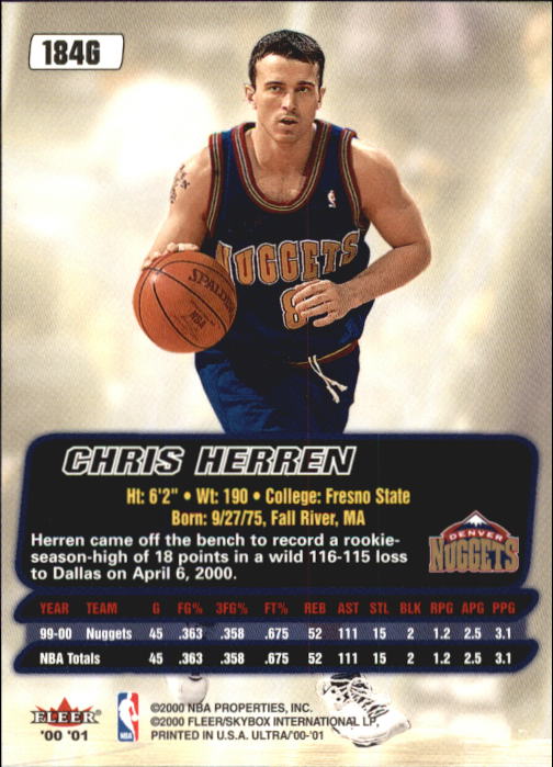 2000-01 Ultra Gold Medallion #184 Chris Herren back image