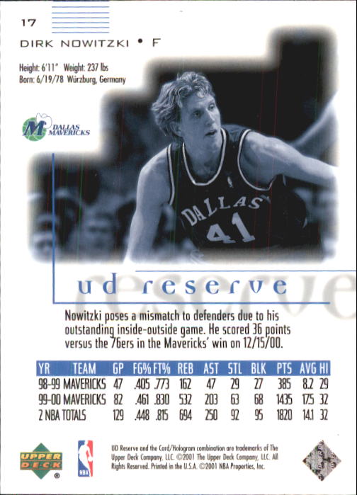 2000-01 UD Reserve #17 Dirk Nowitzki back image