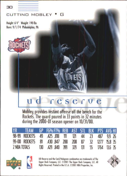 2000-01 UD Reserve #30 Cuttino Mobley back image