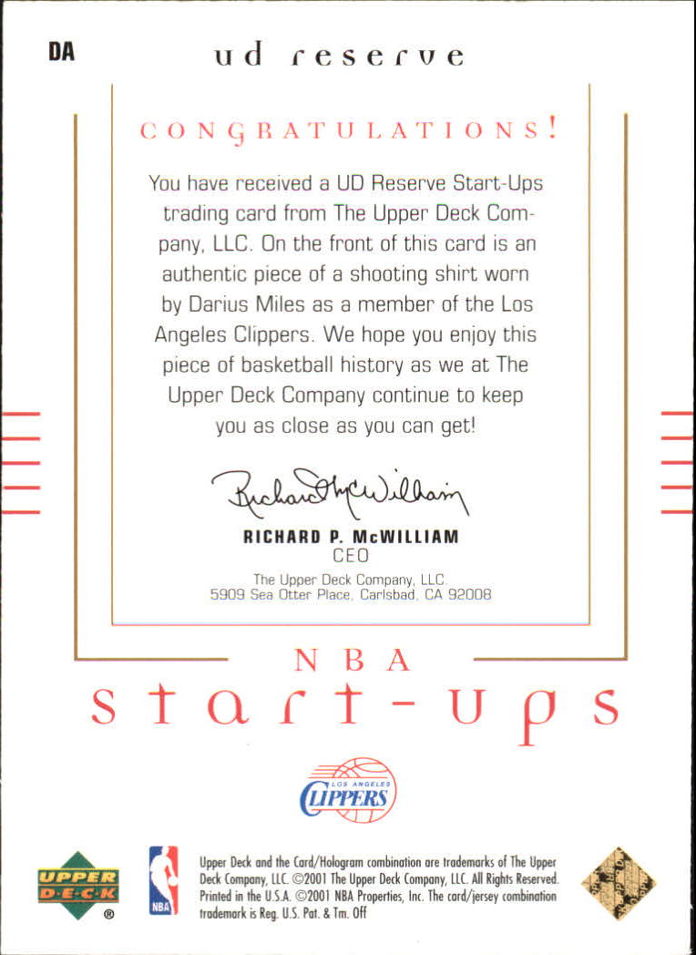 2000-01 UD Reserve NBA Start-Ups #DA Darius Miles back image