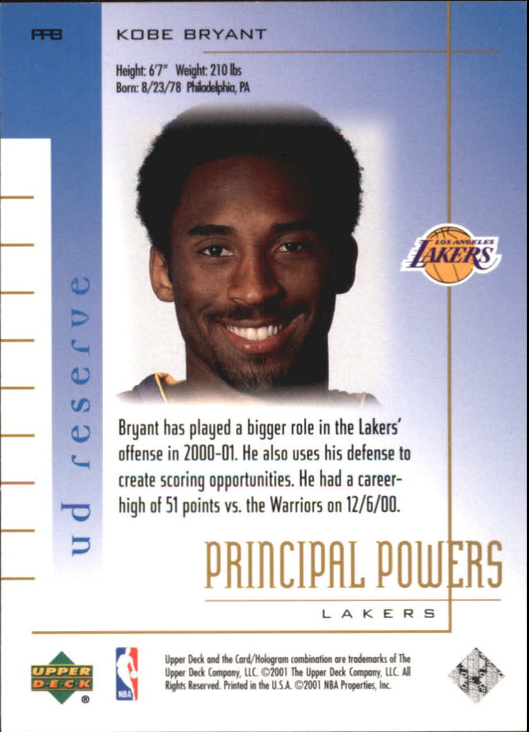 2000-01 UD Reserve Principal Powers #PP8 Kobe Bryant back image