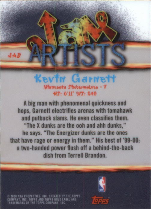 2000-01 Topps Gold Label Jam Artists #JA5 Kevin Garnett back image